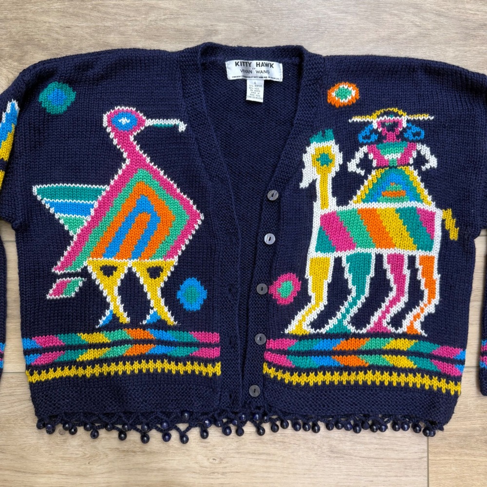 Vintage Kitty Hawk Vivian Wang Egyptian Cardigan Sweater Maximalist Wool Blend L - Picture 2 of 9